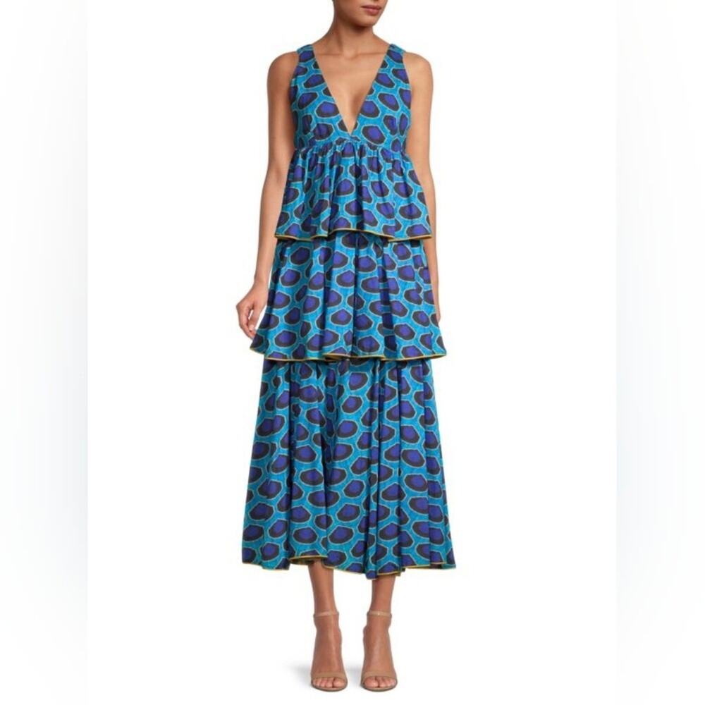 $485 RHODE Leela Print Tiered Midi Dress In Blue Ikat Size: Medium